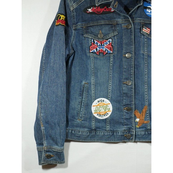 Eddie Bauer Denim Jean Jacket Patches Women XL Biker Bike Week Bands Beer - Picture 5 of 16